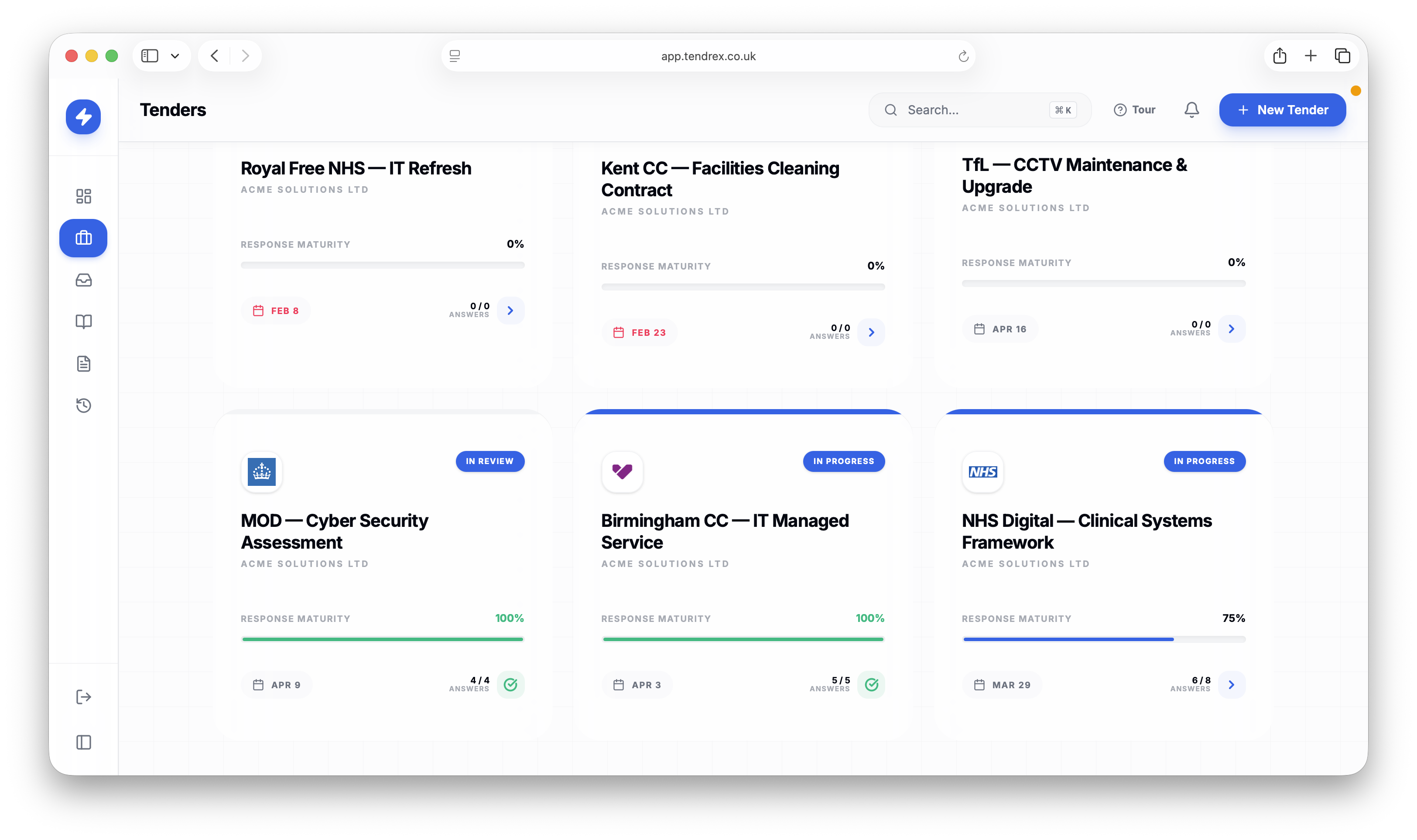 Tendrex dashboard showing active tenders with progress tracking